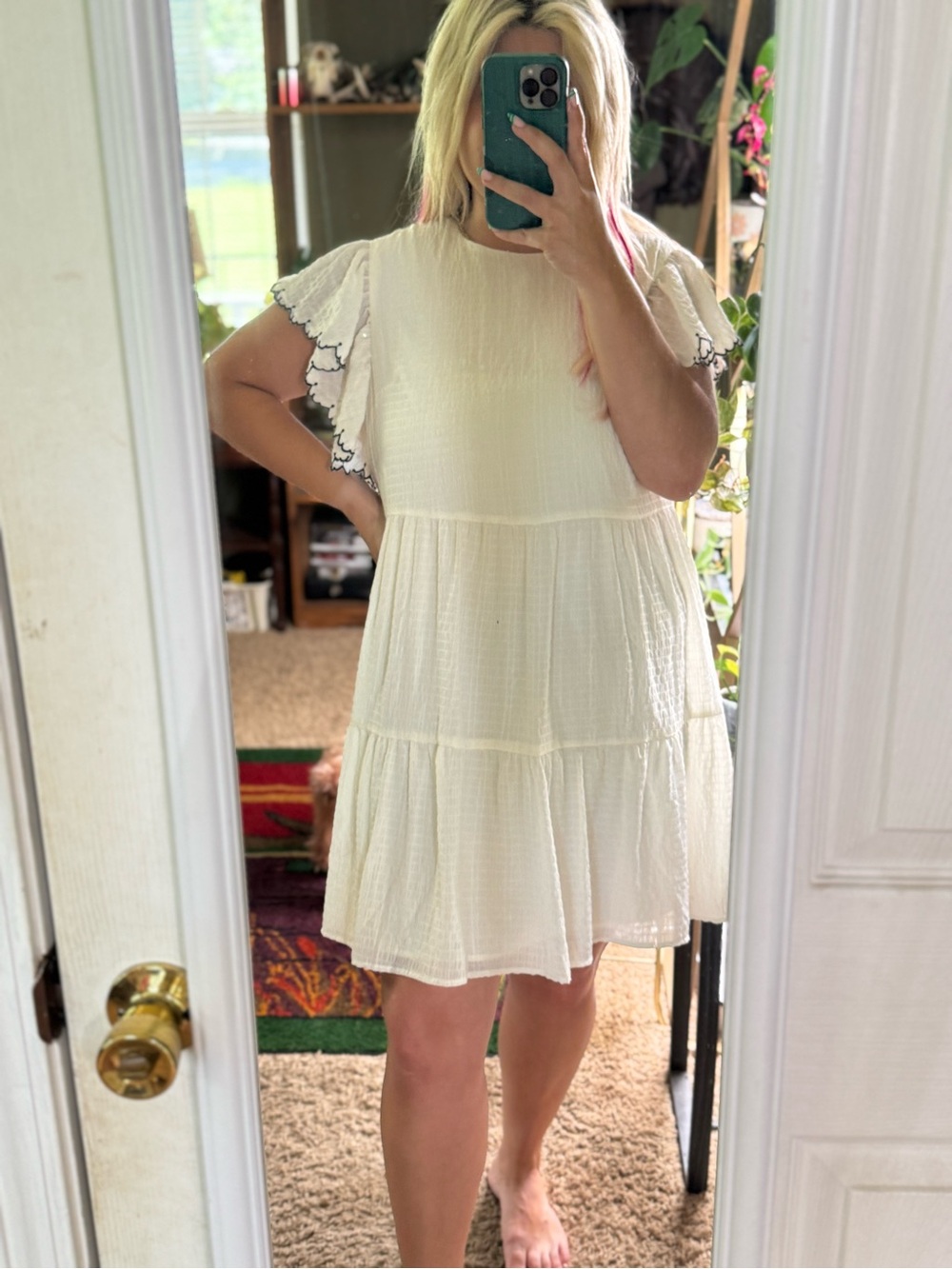 White Tiered Babydoll Dress with Flutter Black Trim Sleeves